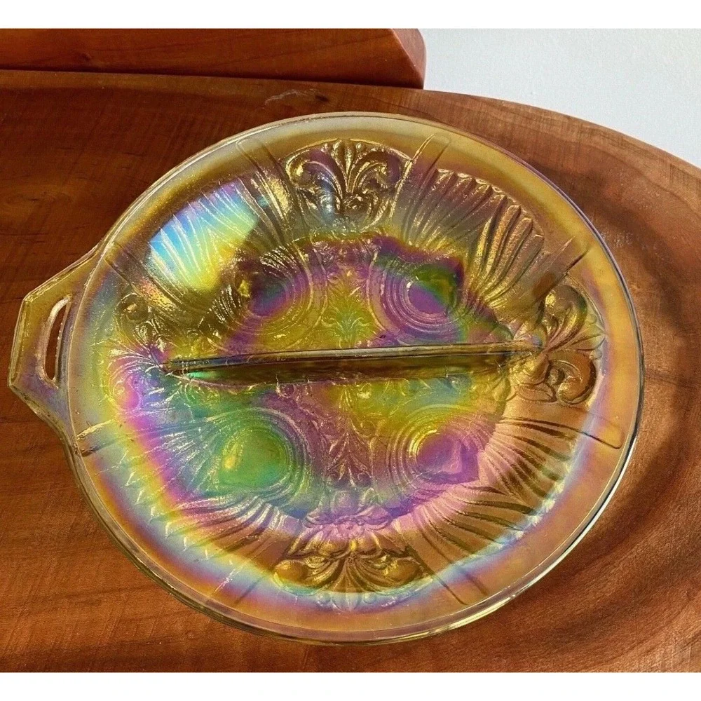 Indiana Glass Killarney Marigold Carnival Glass Divided Relish Dish Tab Handle